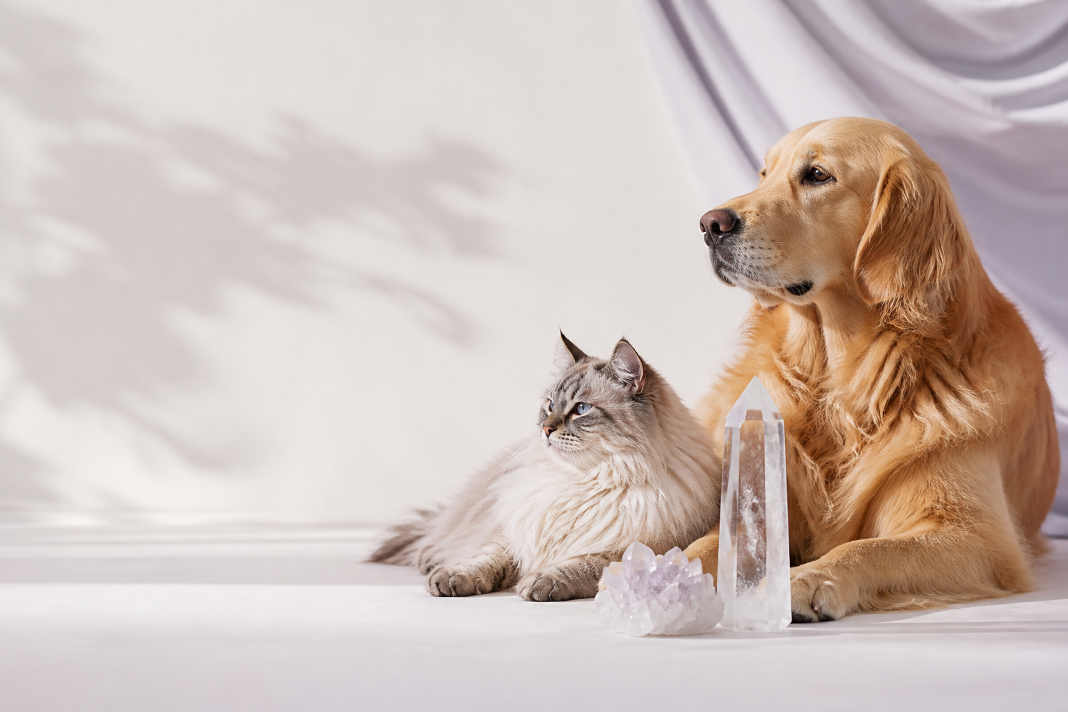 Cat and dog with clear quartz natural stones