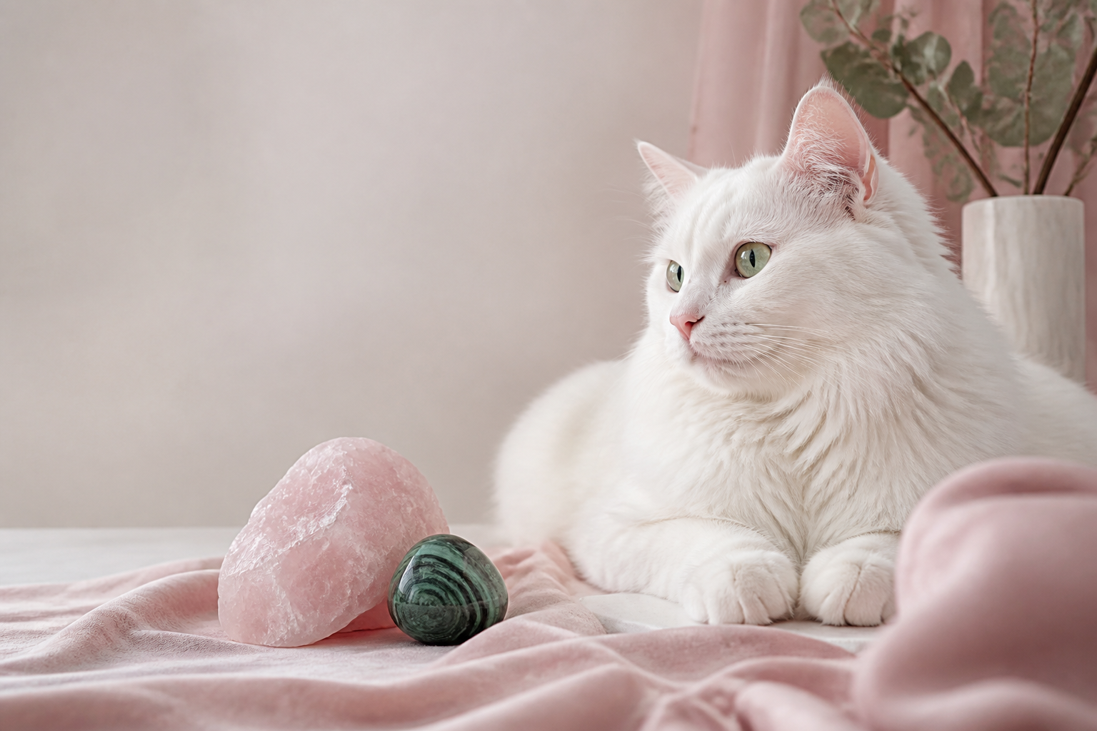 Cat with rose quartz and malachite natural stones