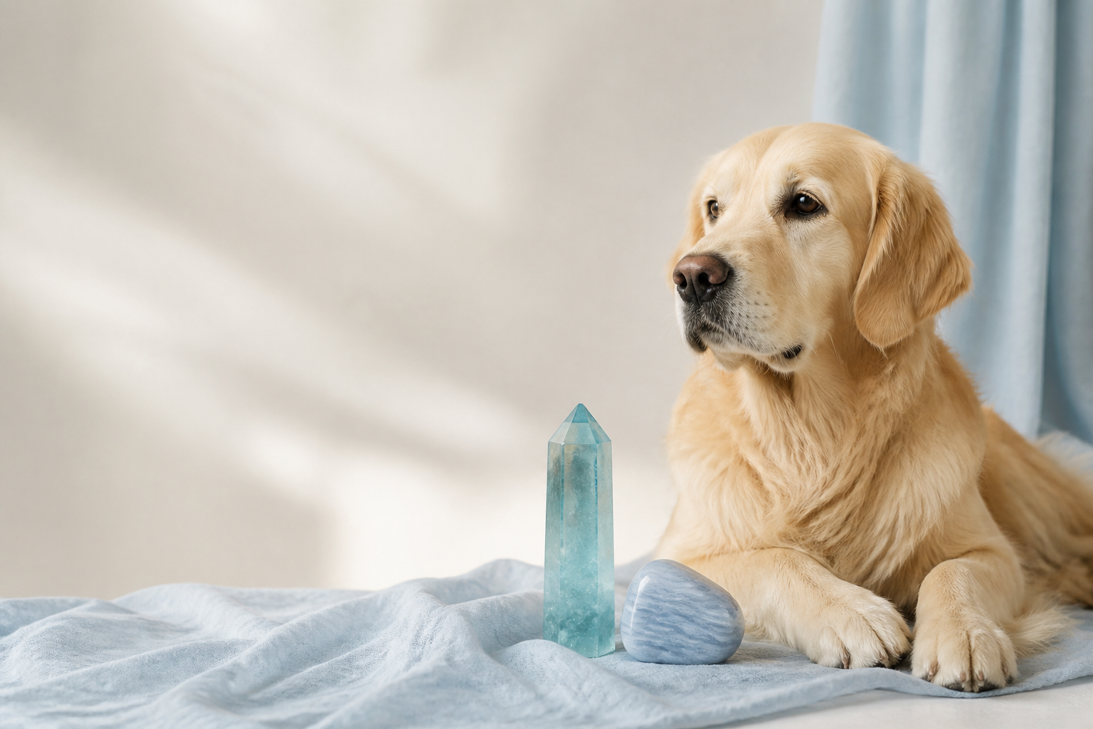Dog with aquamarine and blue lace agate natural stones