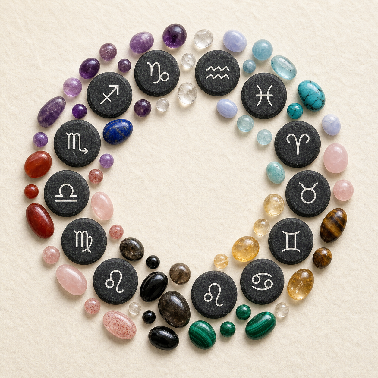 Zodiac symbols arranged with Pyracrystal guardian stones
