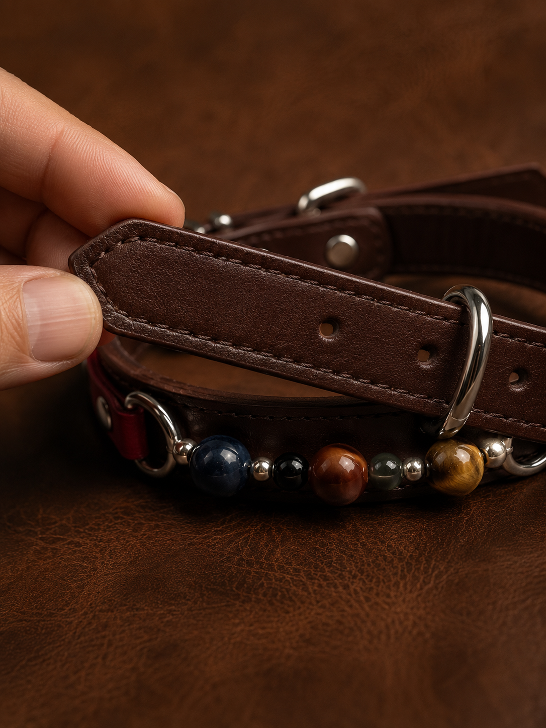 Tiger’s Eye Chakra Brown Leather Pet Collar