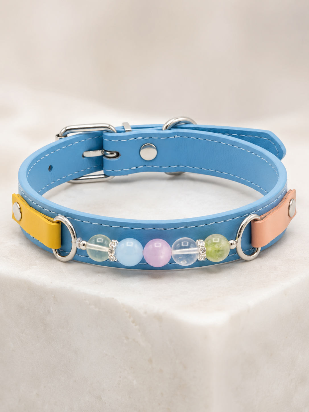Multi-Gemstone Chakra Blue Leather Pet Collar