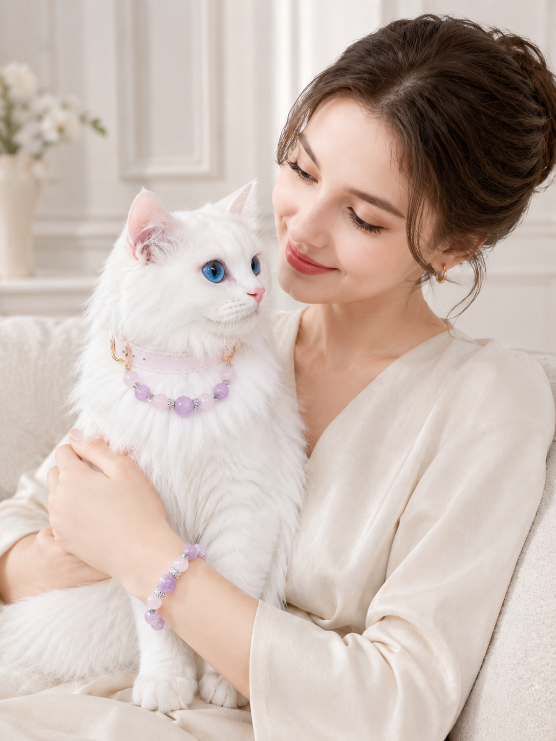 Rose Quartz Matching Pet Collar & Owner Bracelet Set