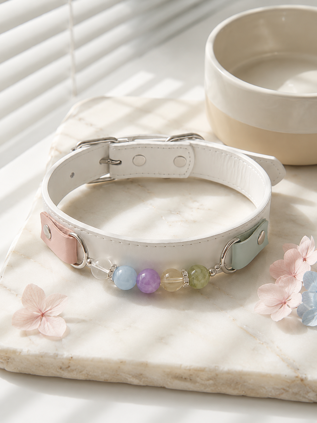 Multi-Gemstone Chakra White Leather Pet Collar