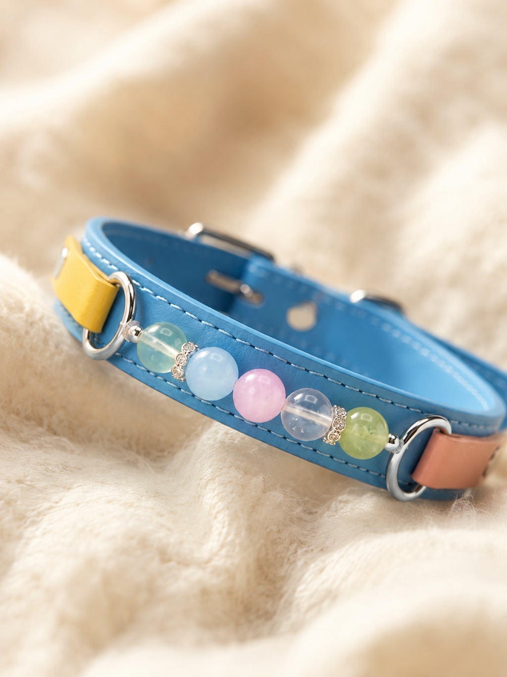 Multi-Gemstone Chakra Blue Leather Pet Collar