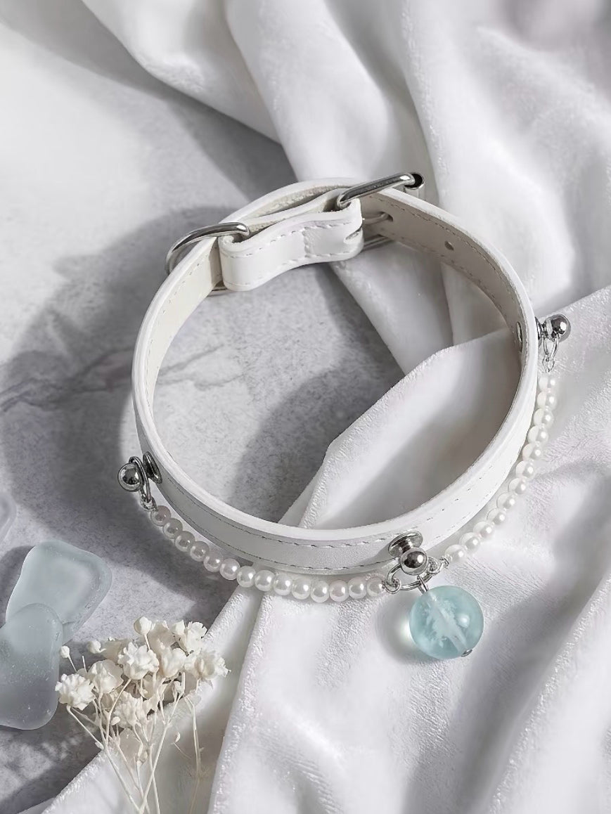 Aquamarine White Leather Pet Collar