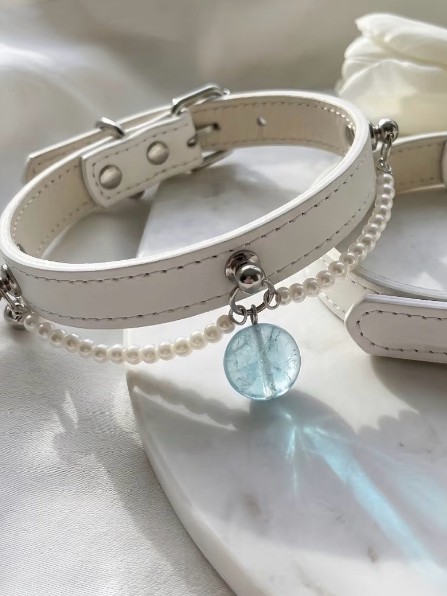 Aquamarine White Leather Pet Collar