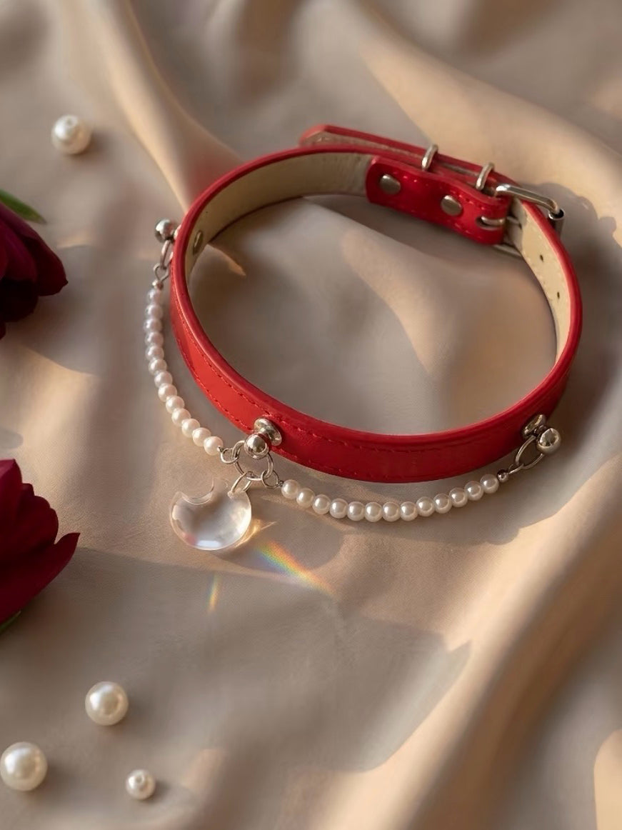 Clear Quartz Red Leather Pet Collar