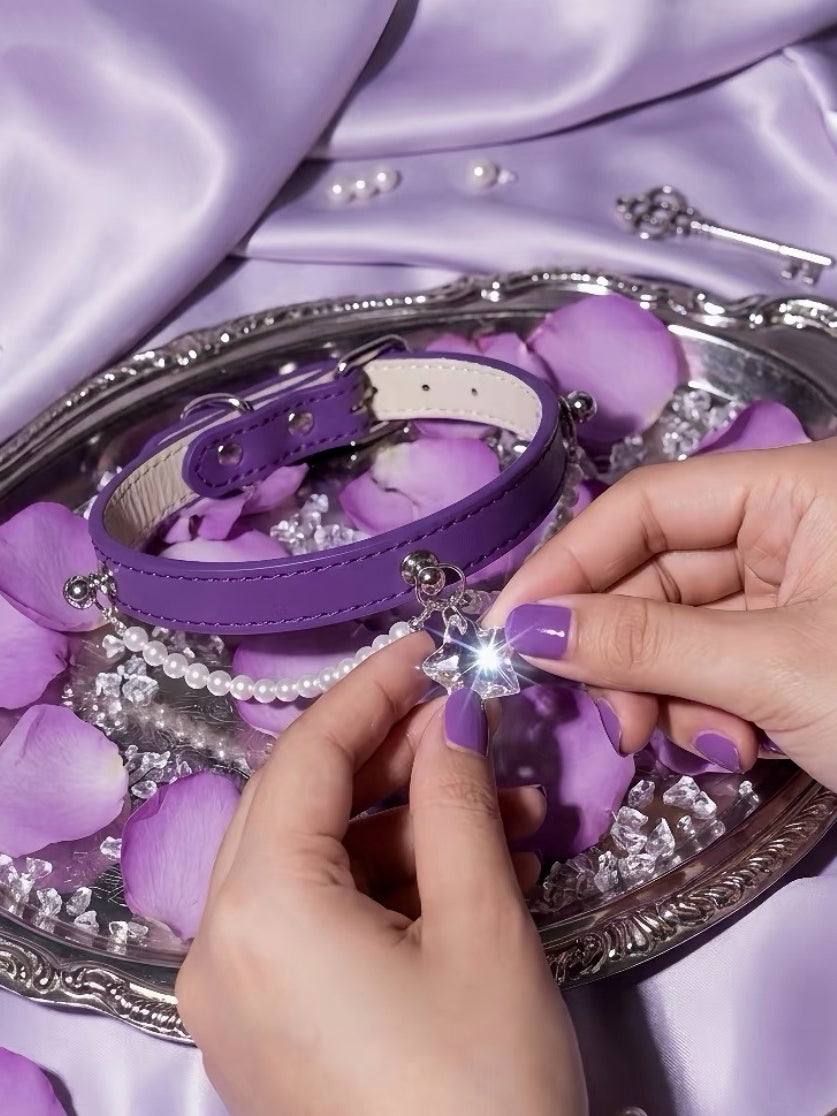 Clear Quartz Purple Leather Pet Collar