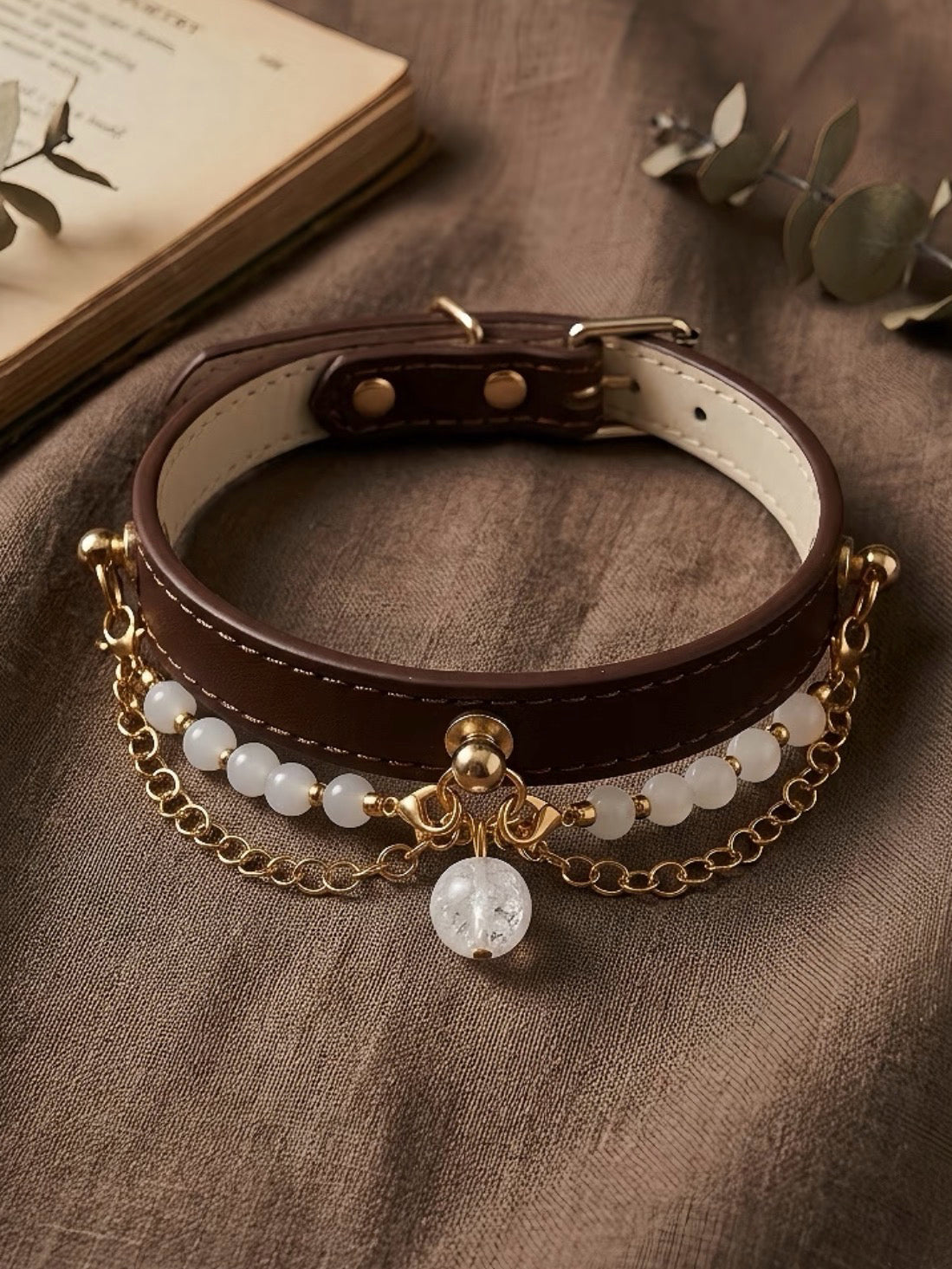 White Aze & White Agate Leather Pet Collar