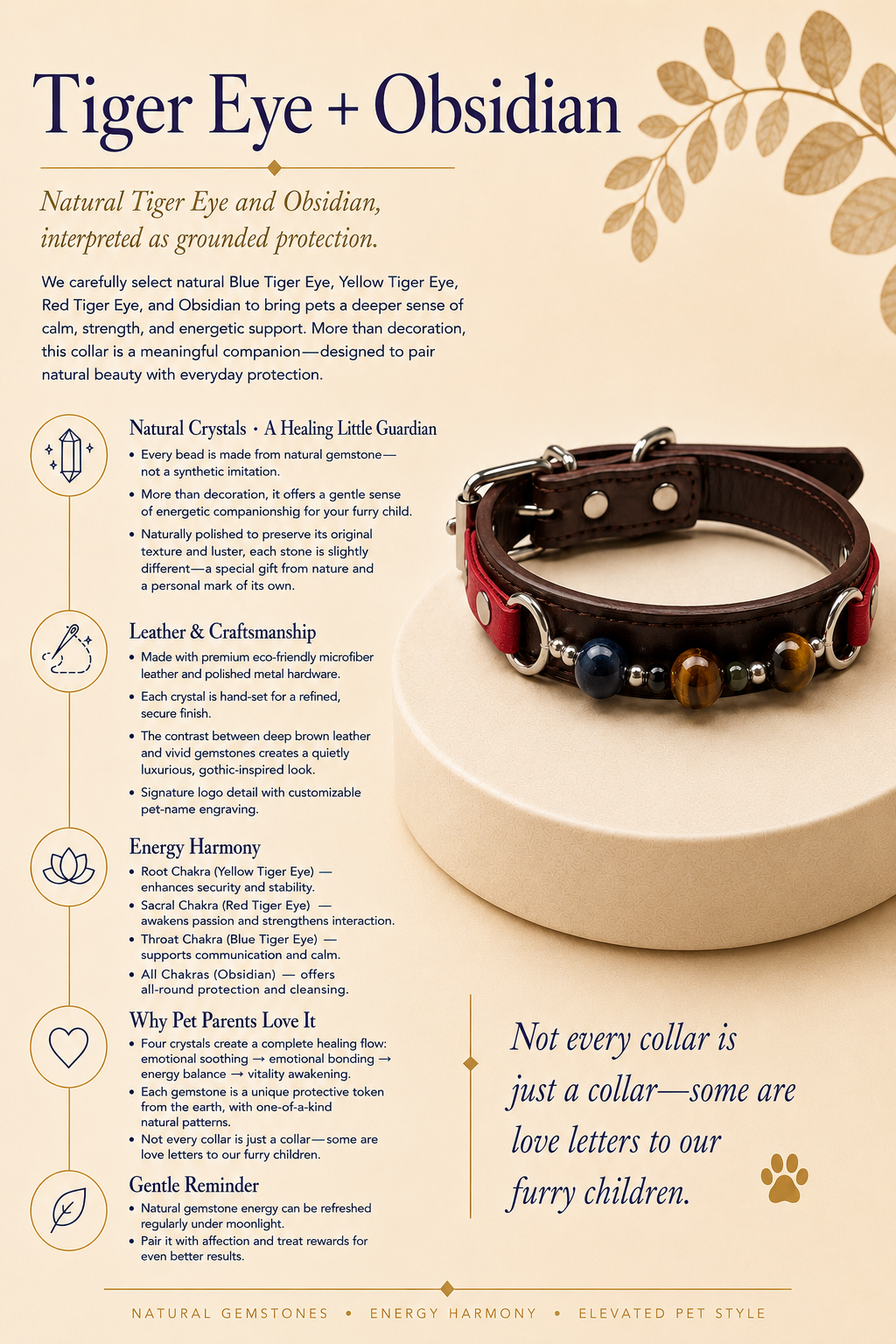 Tiger’s Eye Chakra Brown Leather Pet Collar