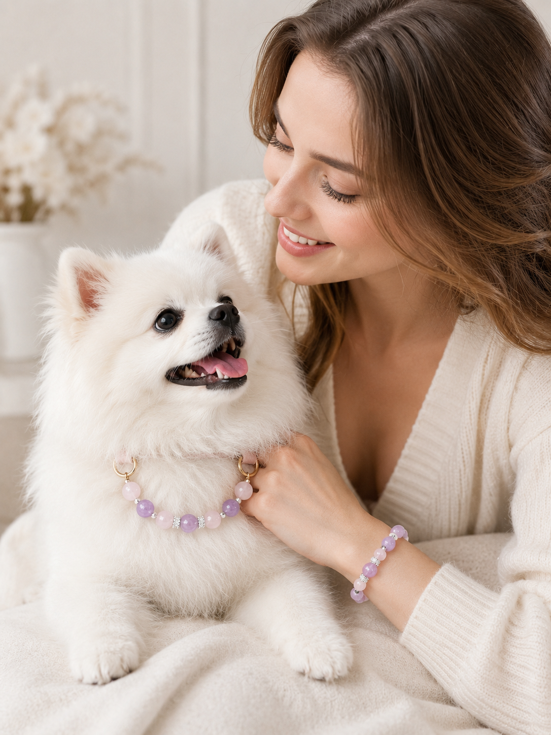 Rose Quartz Matching Pet Collar & Owner Bracelet Set