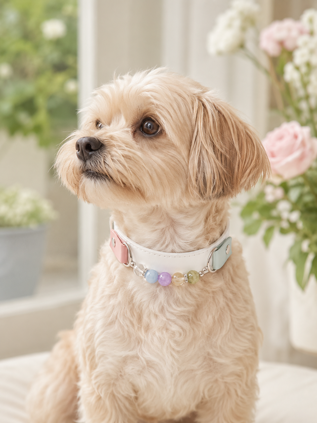 Multi-Gemstone Chakra White Leather Pet Collar