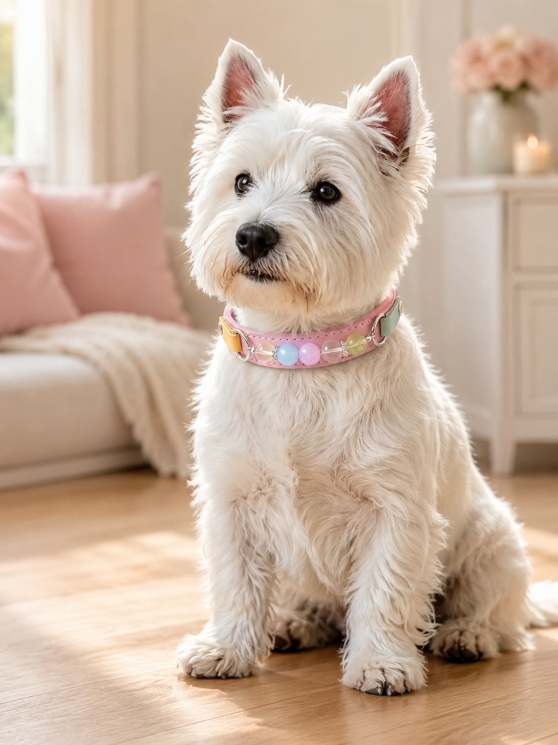 Multi-Gemstone Chakra Pink Leather Pet Collar