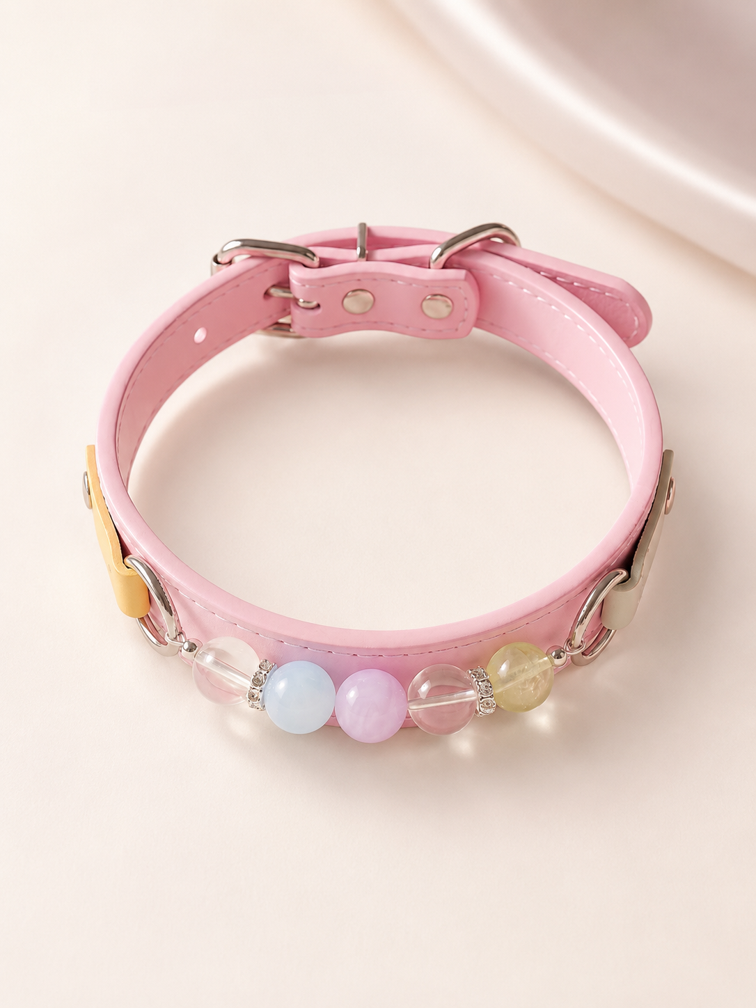 Multi-Gemstone Chakra Pink Leather Pet Collar