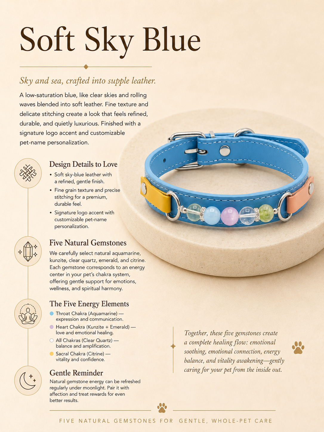 Multi-Gemstone Chakra Blue Leather Pet Collar