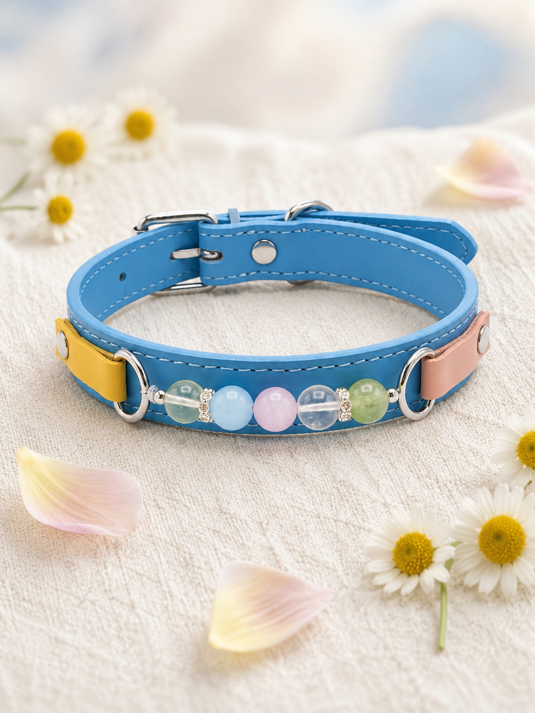 Multi-Gemstone Chakra Blue Leather Pet Collar