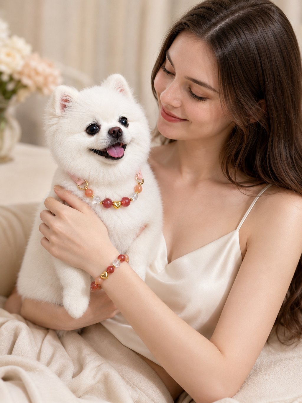 Strawberry Quartz Matching Pet Collar & Owner Bracelet Set