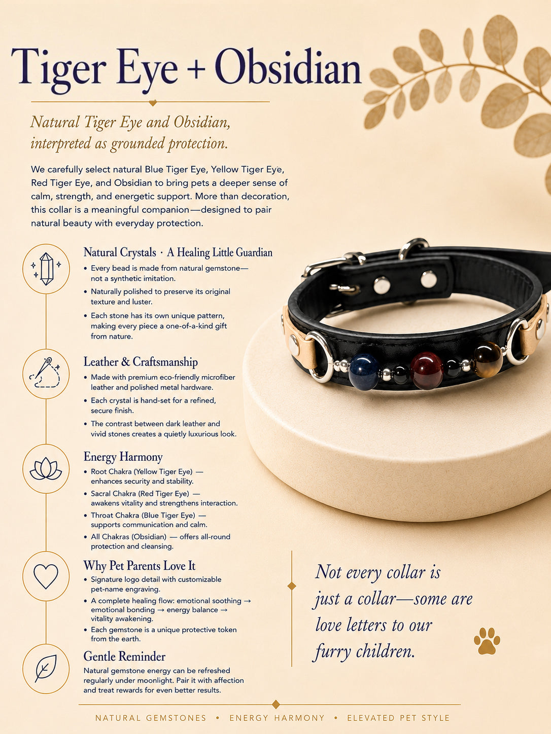 Tiger’s Eye Chakra Black Leather Pet Collar