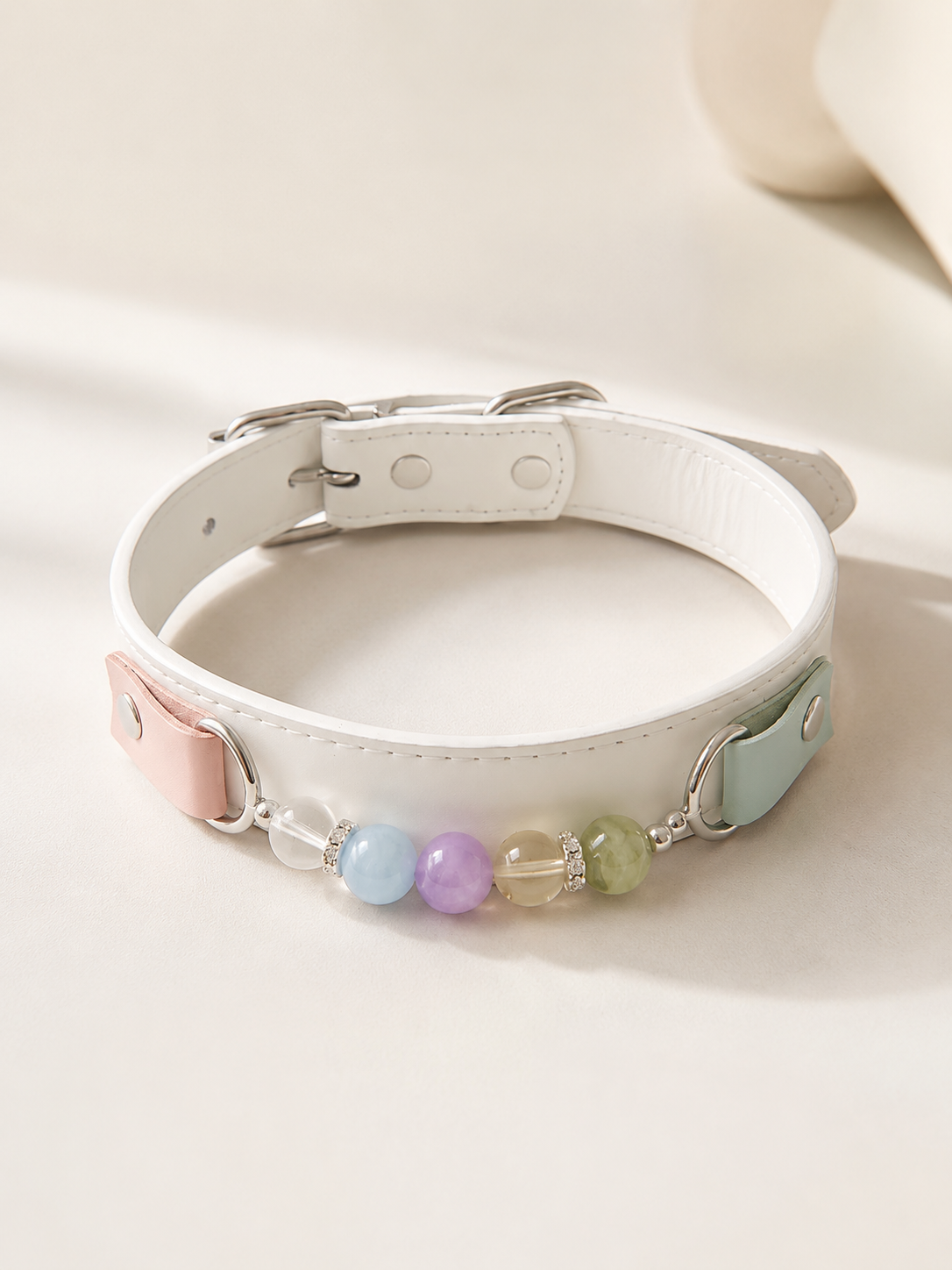 Multi-Gemstone Chakra White Leather Pet Collar