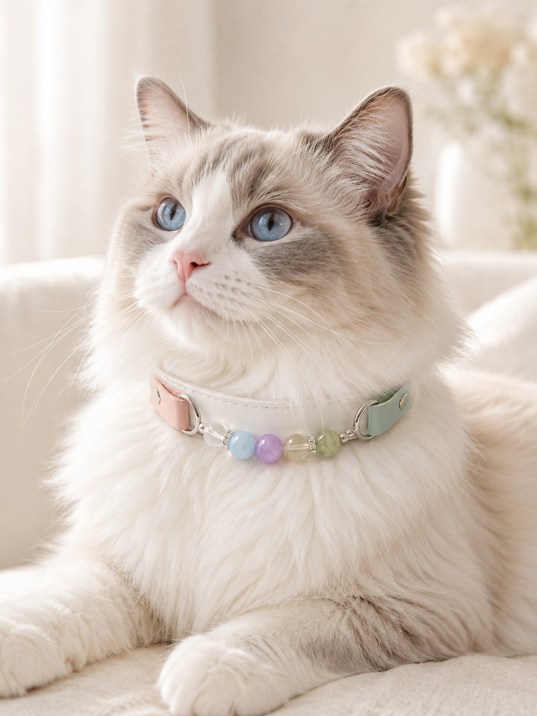 Multi-Gemstone Chakra White Leather Pet Collar