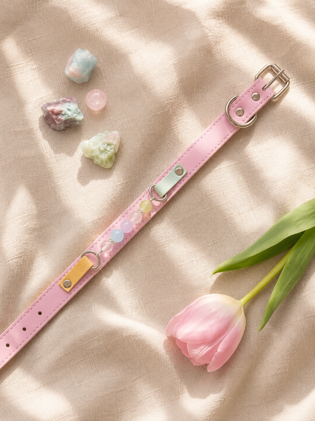 Multi-Gemstone Chakra Pink Leather Pet Collar
