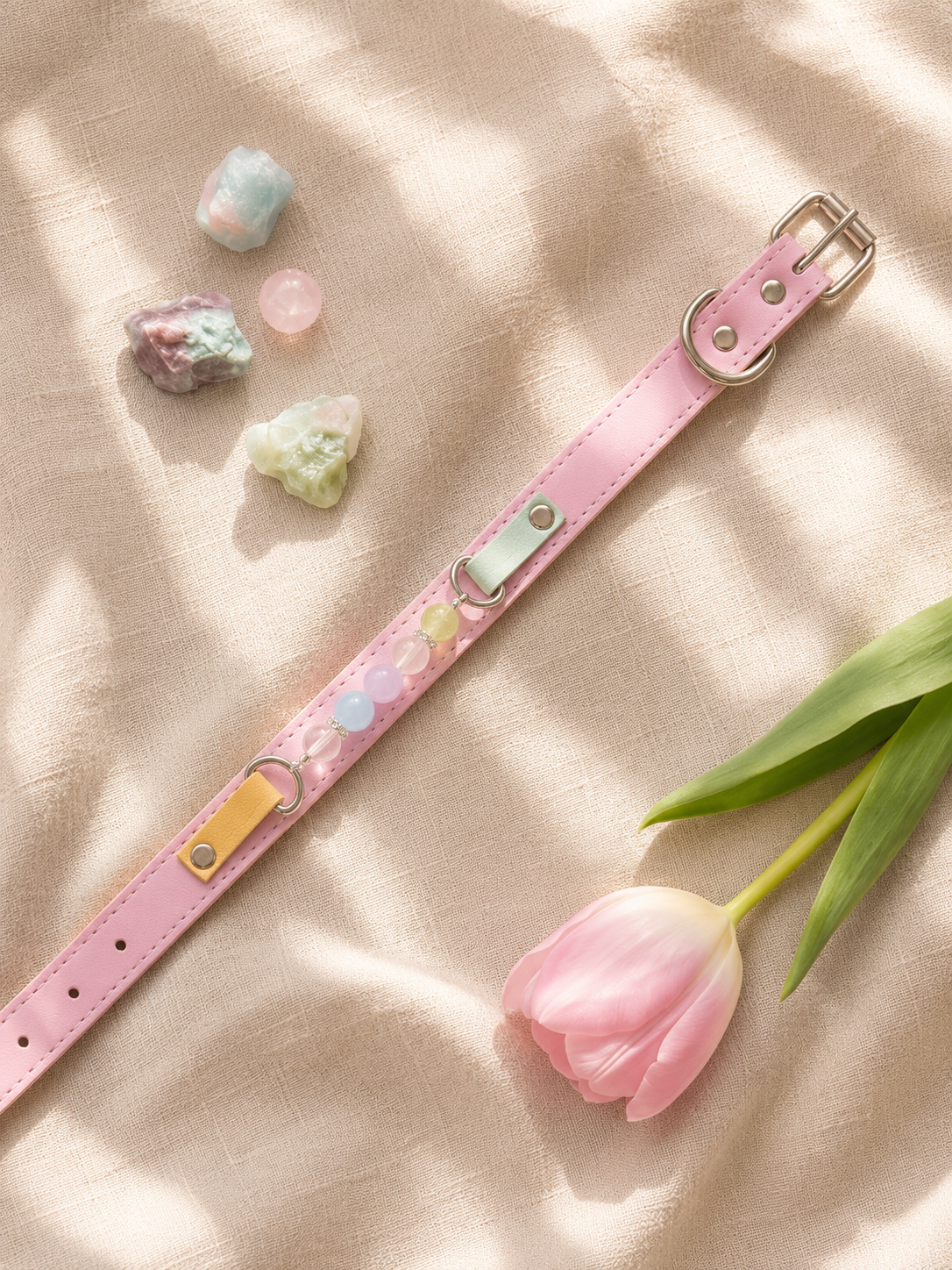 Multi-Gemstone Chakra Pink Leather Pet Collar