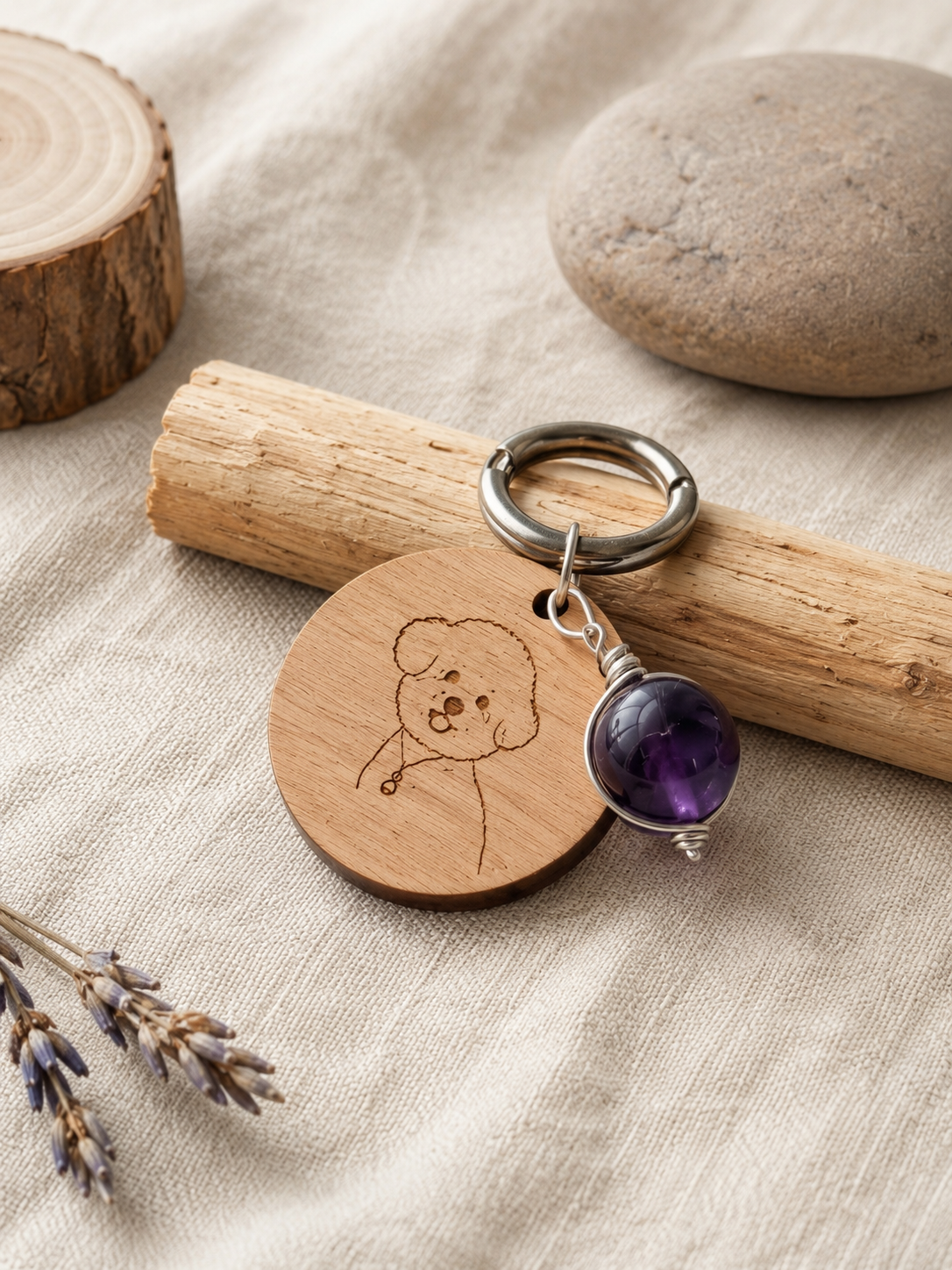 Personalized Wooden Pet Tag with Chakra Crystal Charm