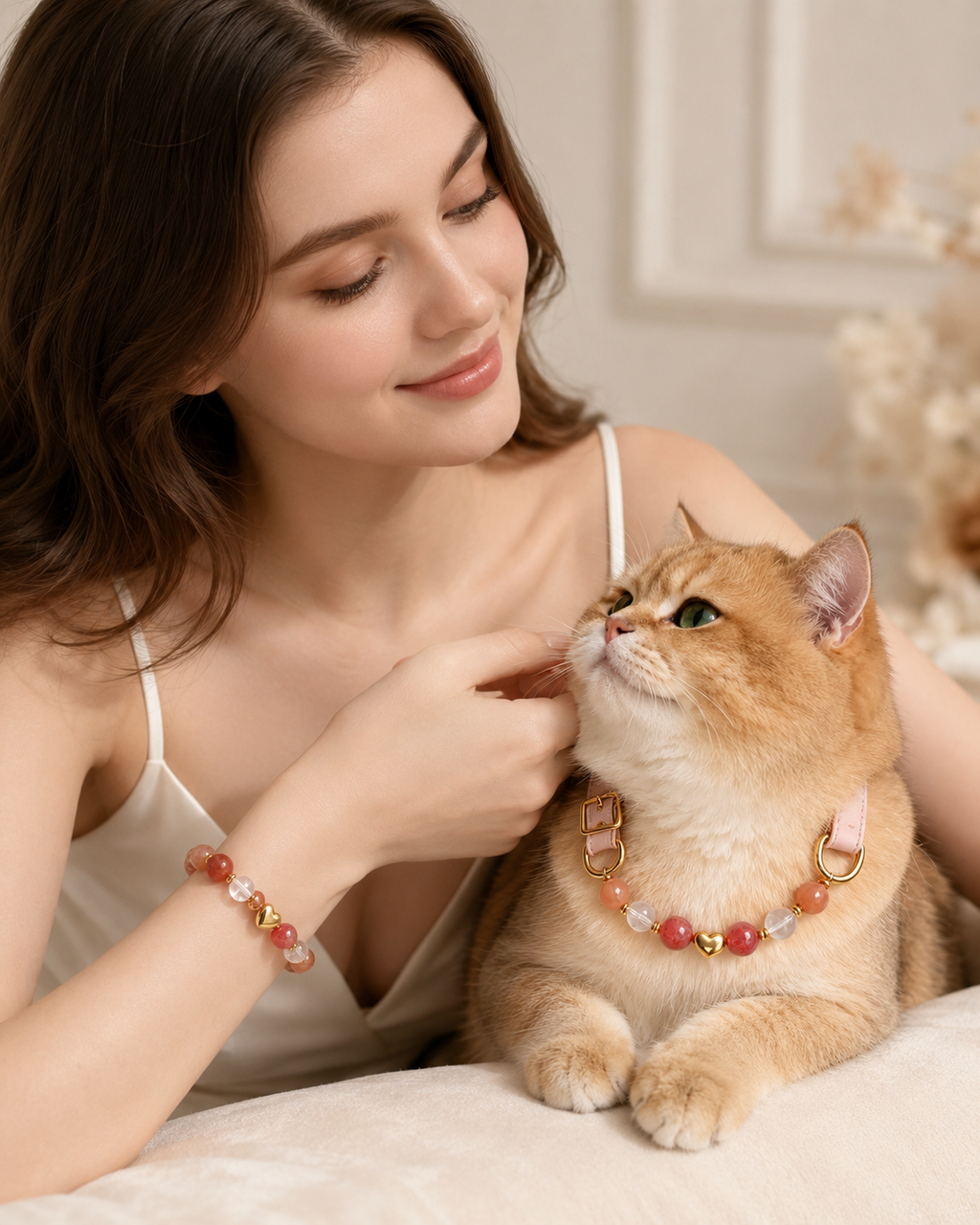 Strawberry Quartz Matching Pet Collar & Owner Bracelet Set