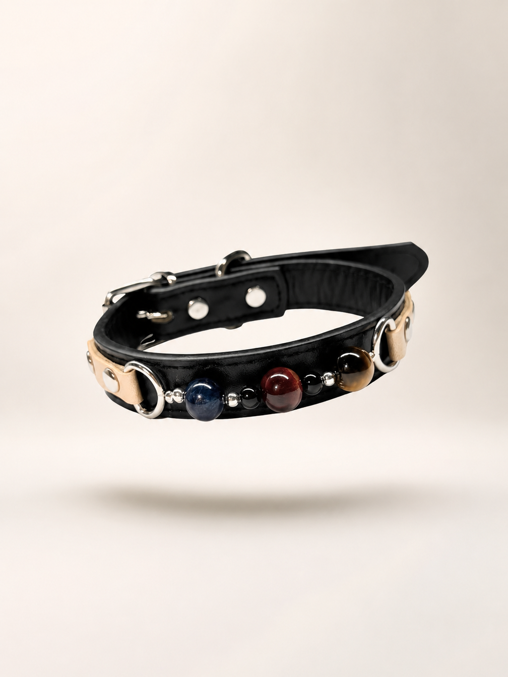Tiger’s Eye Chakra Black Leather Pet Collar