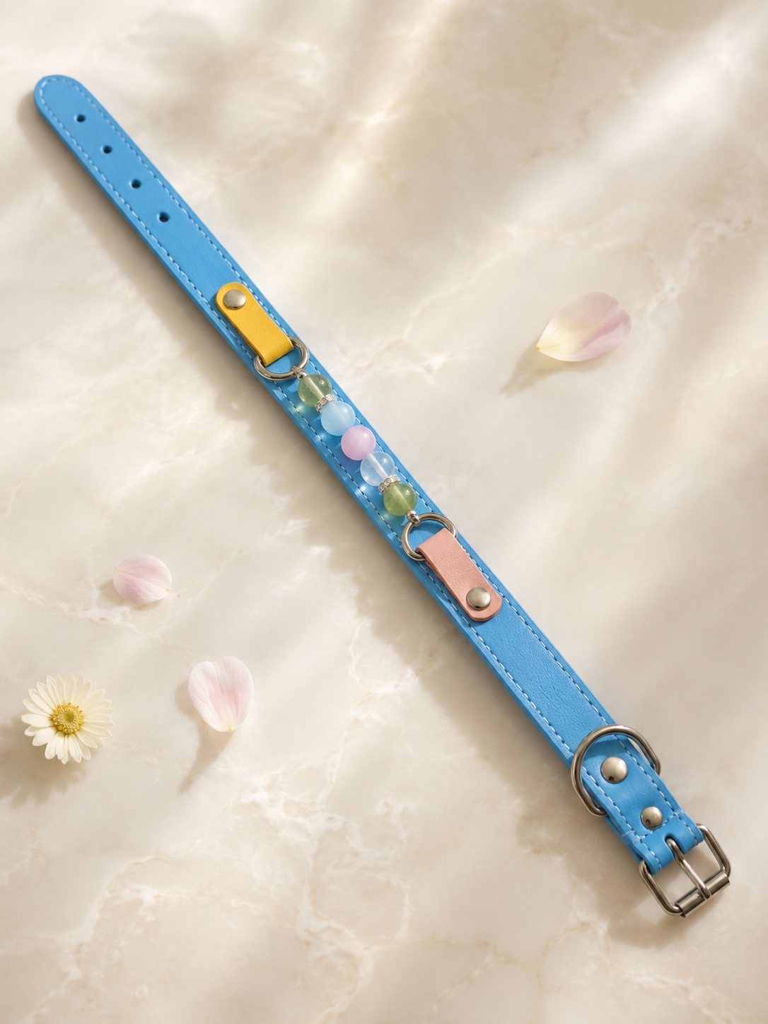 Multi-Gemstone Chakra Blue Leather Pet Collar