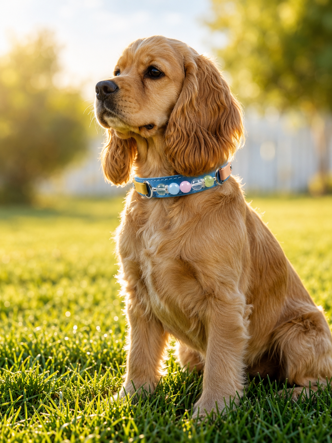 Multi-Gemstone Chakra Blue Leather Pet Collar