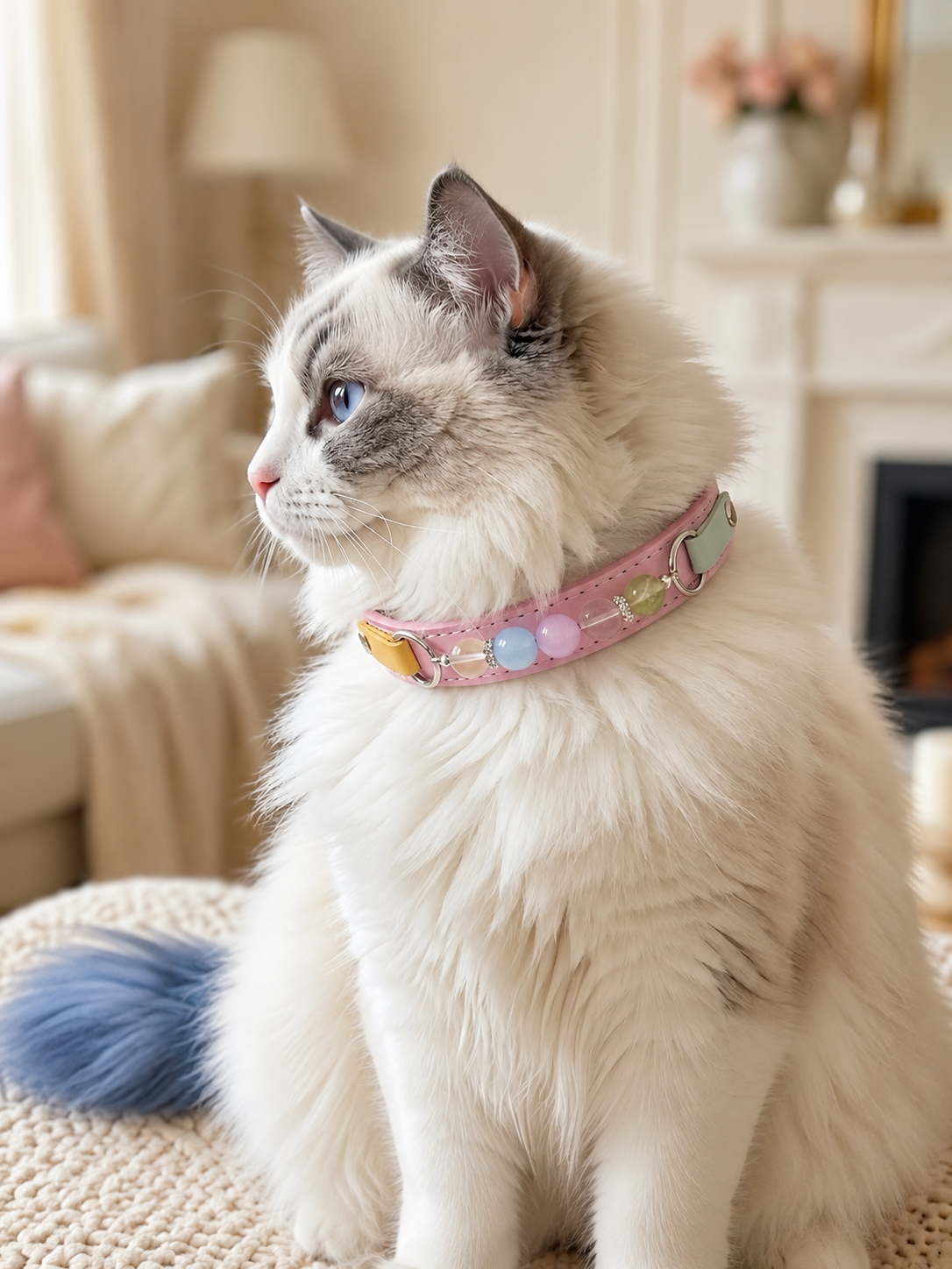 Multi-Gemstone Chakra Pink Leather Pet Collar