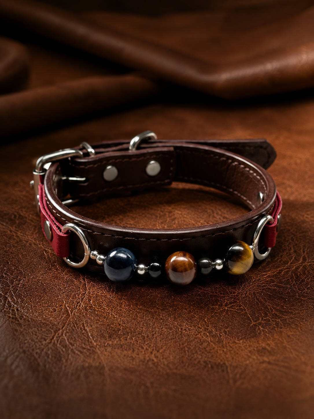 Tiger’s Eye Chakra Brown Leather Pet Collar
