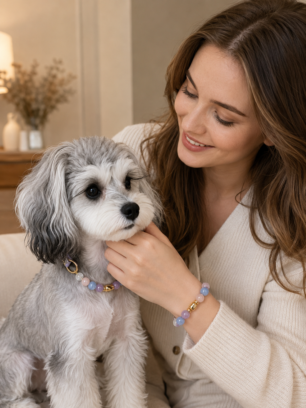Blue Lace Agate Matching Pet Collar & Owner Bracelet Set