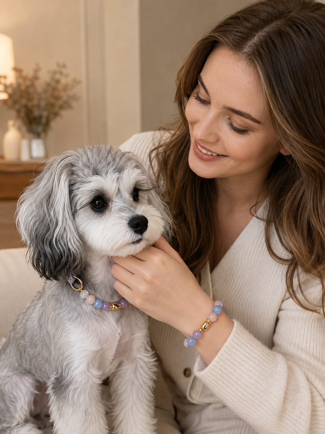 Blue Lace Agate Matching Pet Collar & Owner Bracelet Set