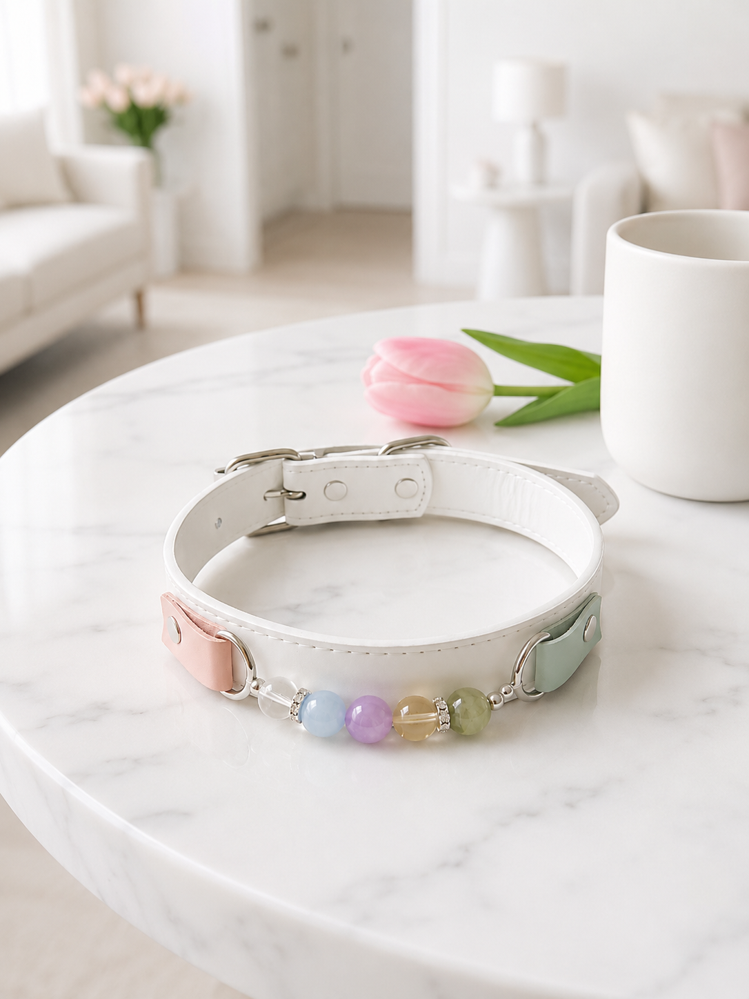 Multi-Gemstone Chakra White Leather Pet Collar