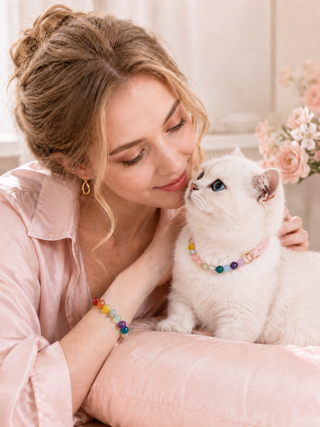 Multi-Gemstone Matching Pet Collar & Owner Bracelet Set