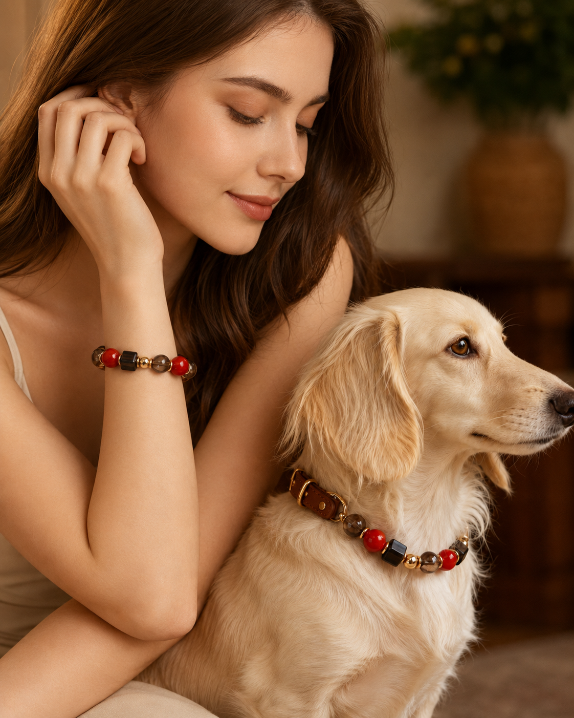 Red Agate Matching Pet Collar & Owner Bracelet Set
