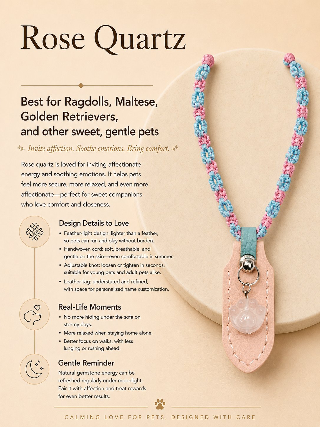 Rose Quartz Handwoven Pet Necklace