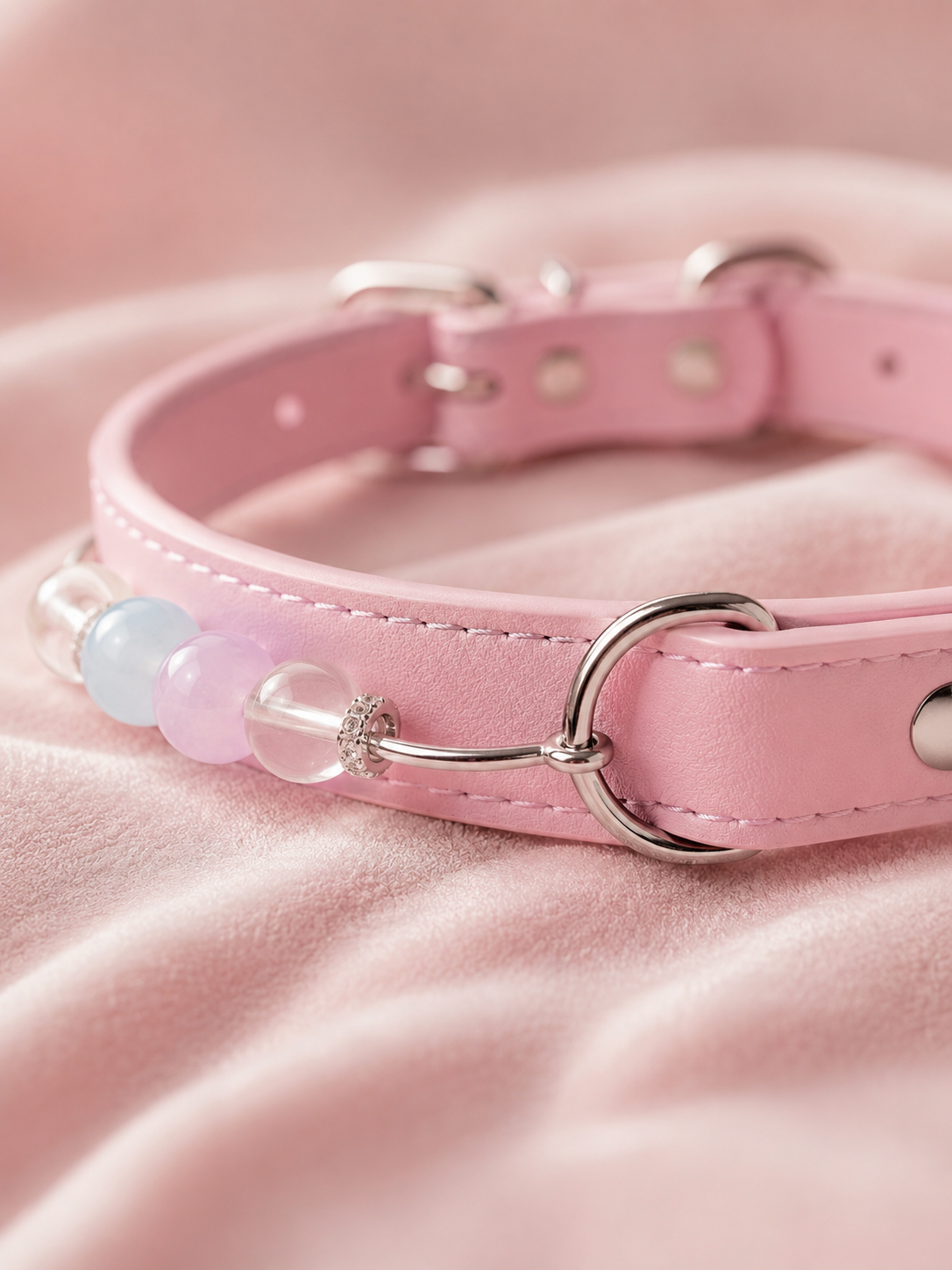 Multi-Gemstone Chakra Pink Leather Pet Collar