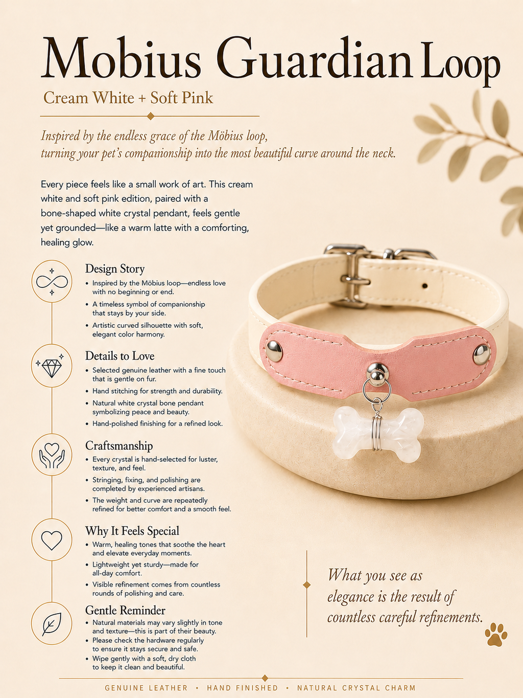 Clear Quartz Möbius Loop Leather Pet Collar