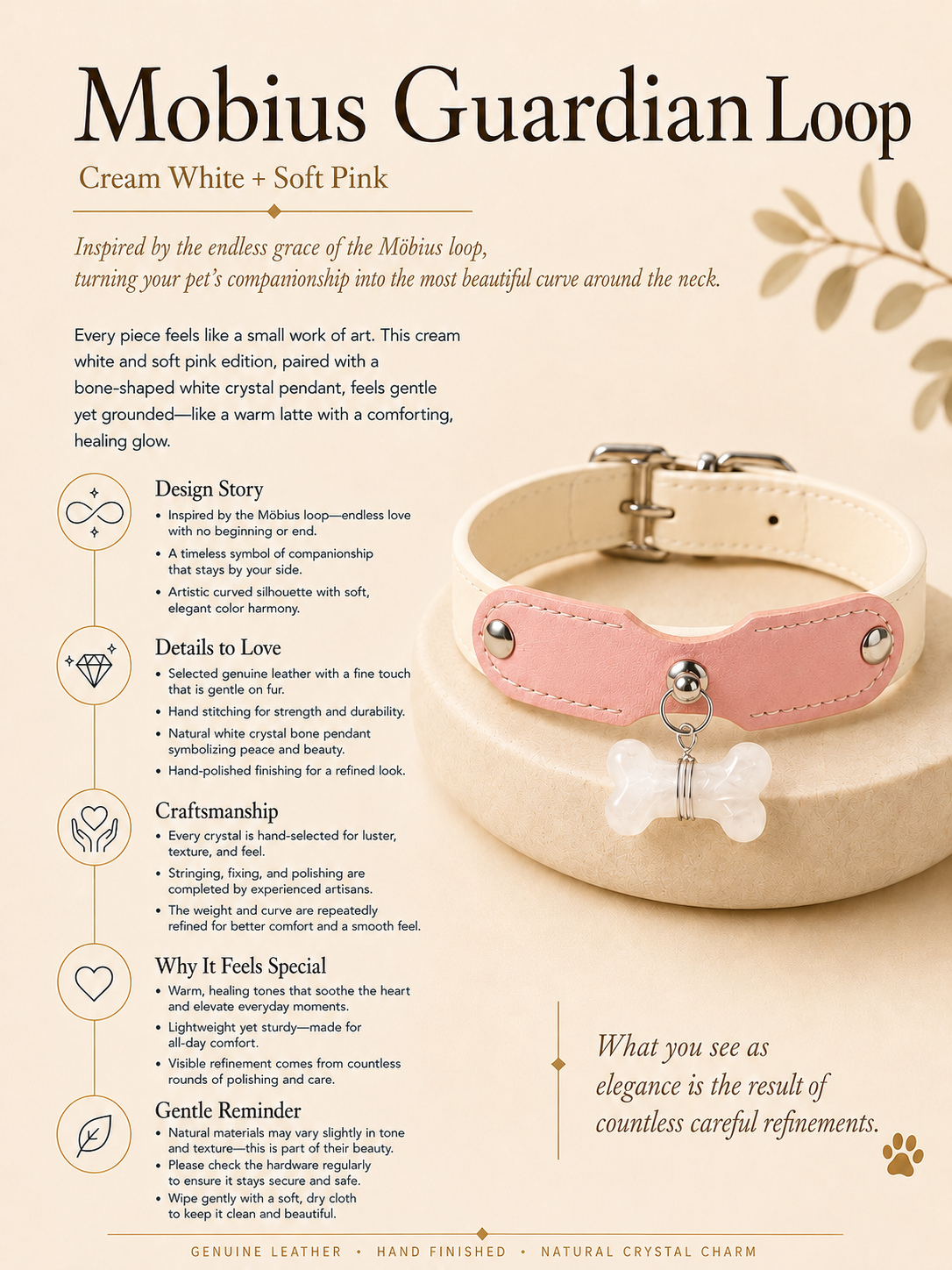 Clear Quartz Möbius Loop Leather Pet Collar