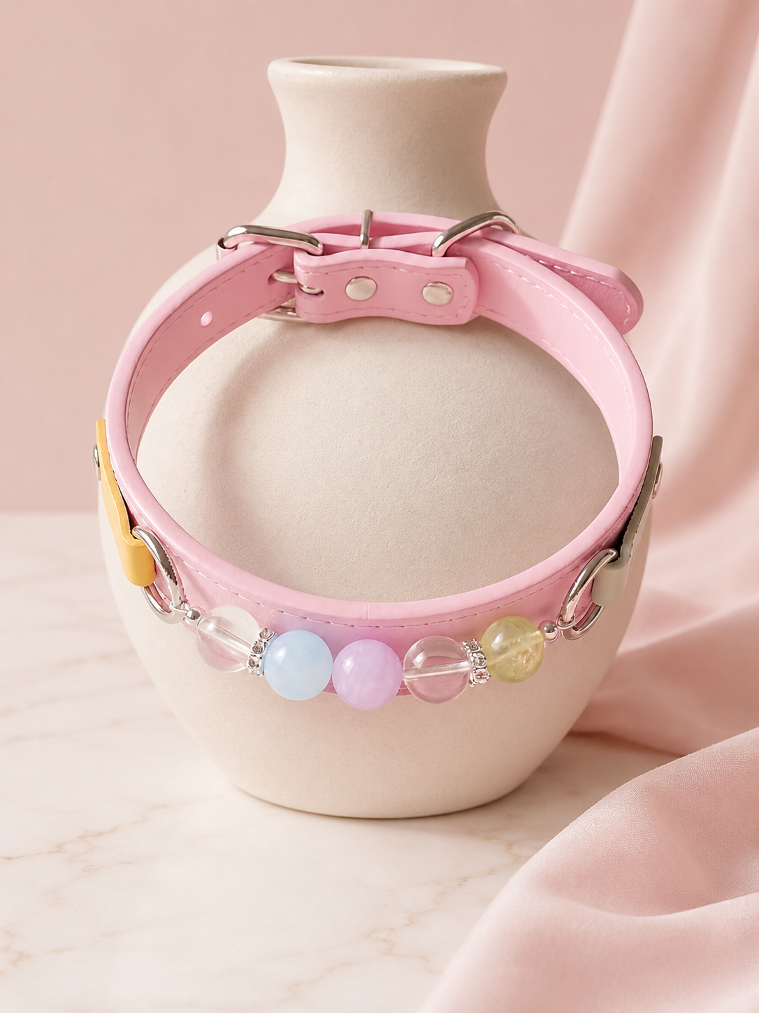 Multi-Gemstone Chakra Pink Leather Pet Collar