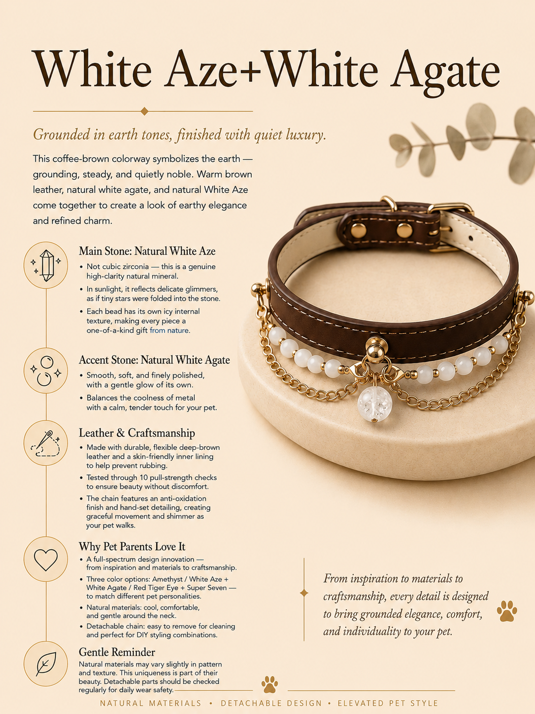 White Aze & White Agate Leather Pet Collar