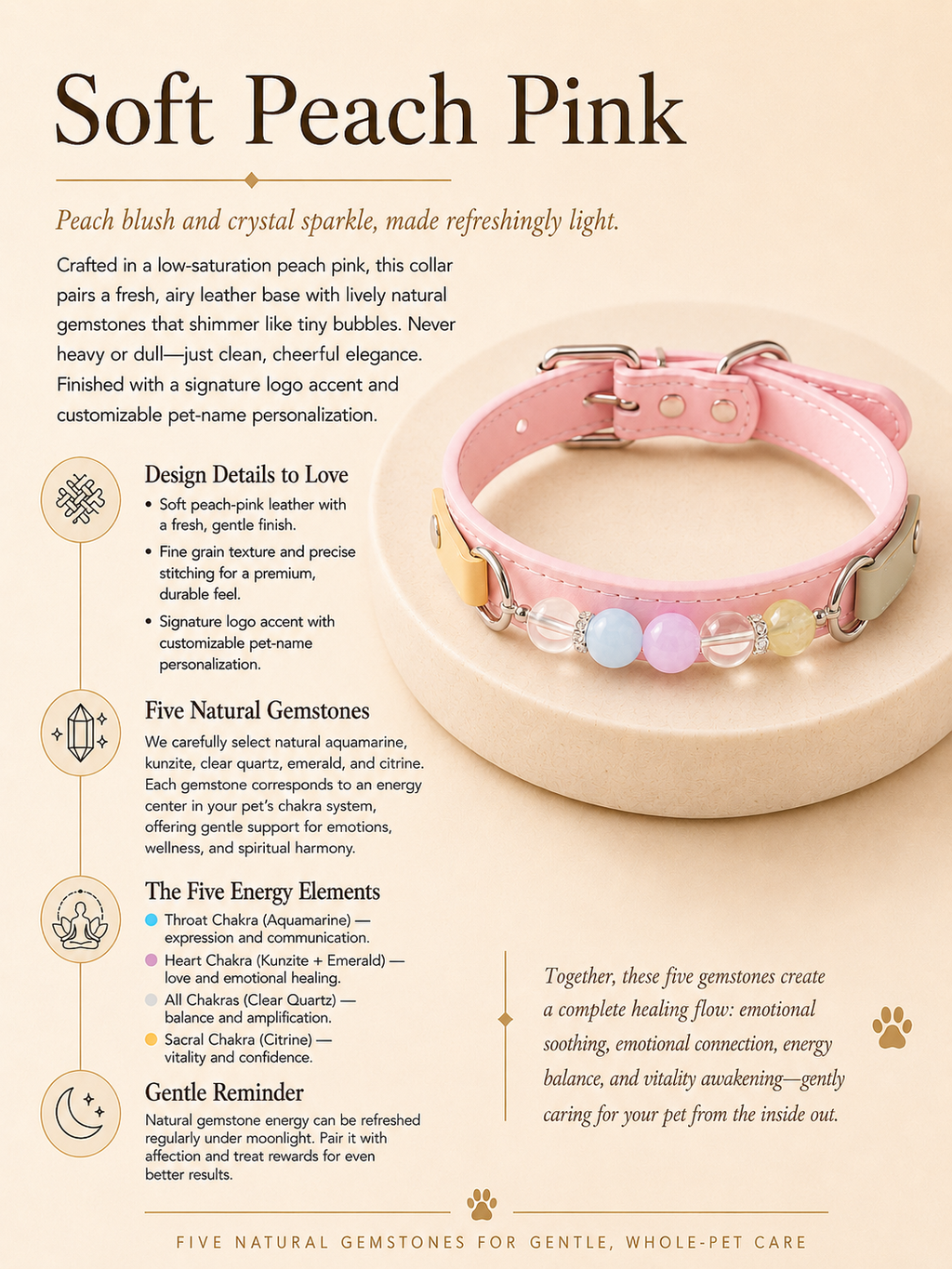 Multi-Gemstone Chakra Pink Leather Pet Collar