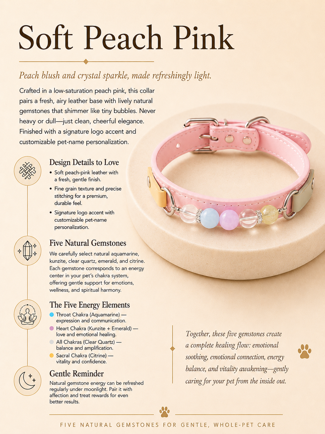 Multi-Gemstone Chakra Pink Leather Pet Collar