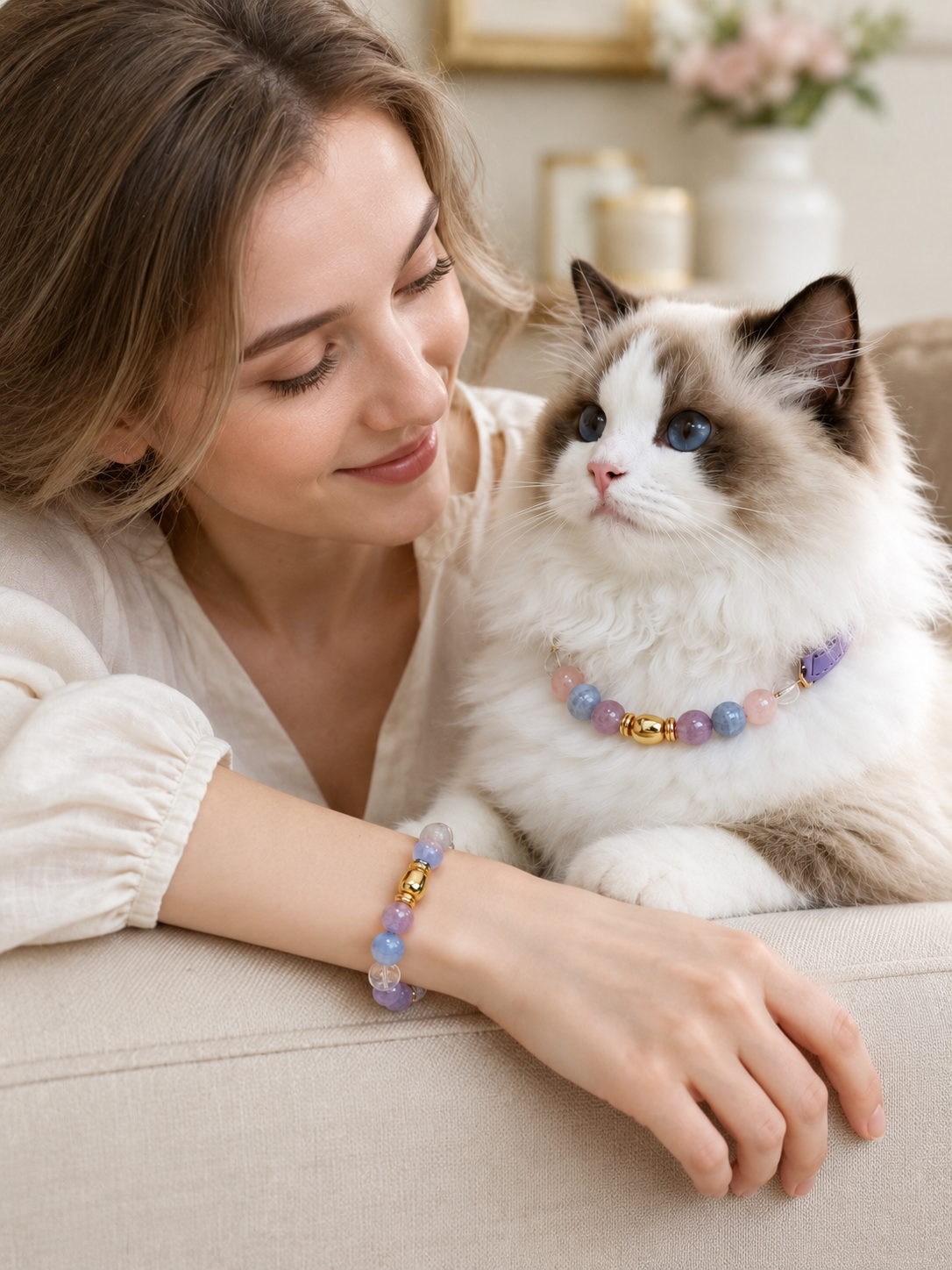 Blue Lace Agate Matching Pet Collar & Owner Bracelet Set