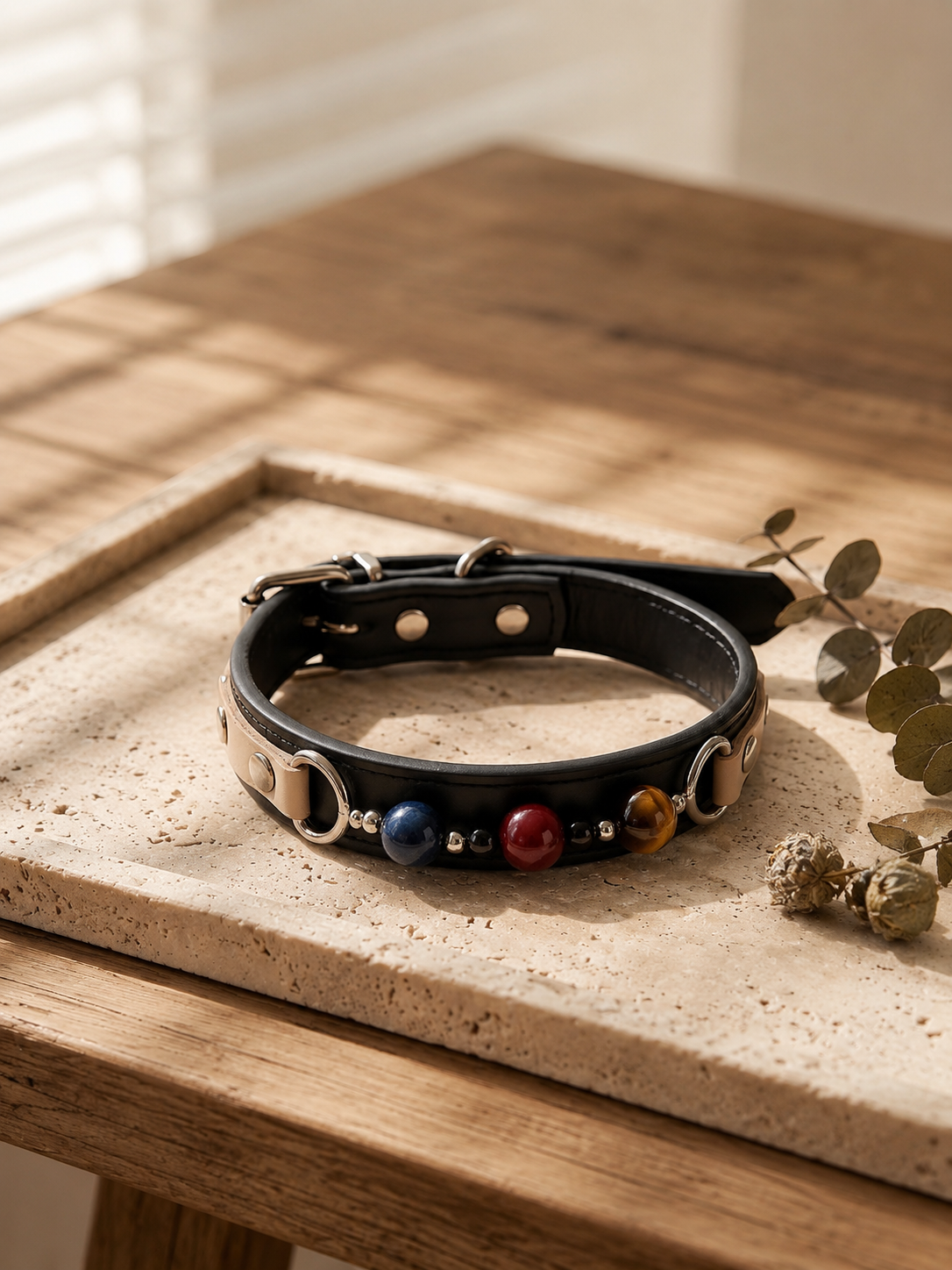 Tiger’s Eye Chakra Black Leather Pet Collar