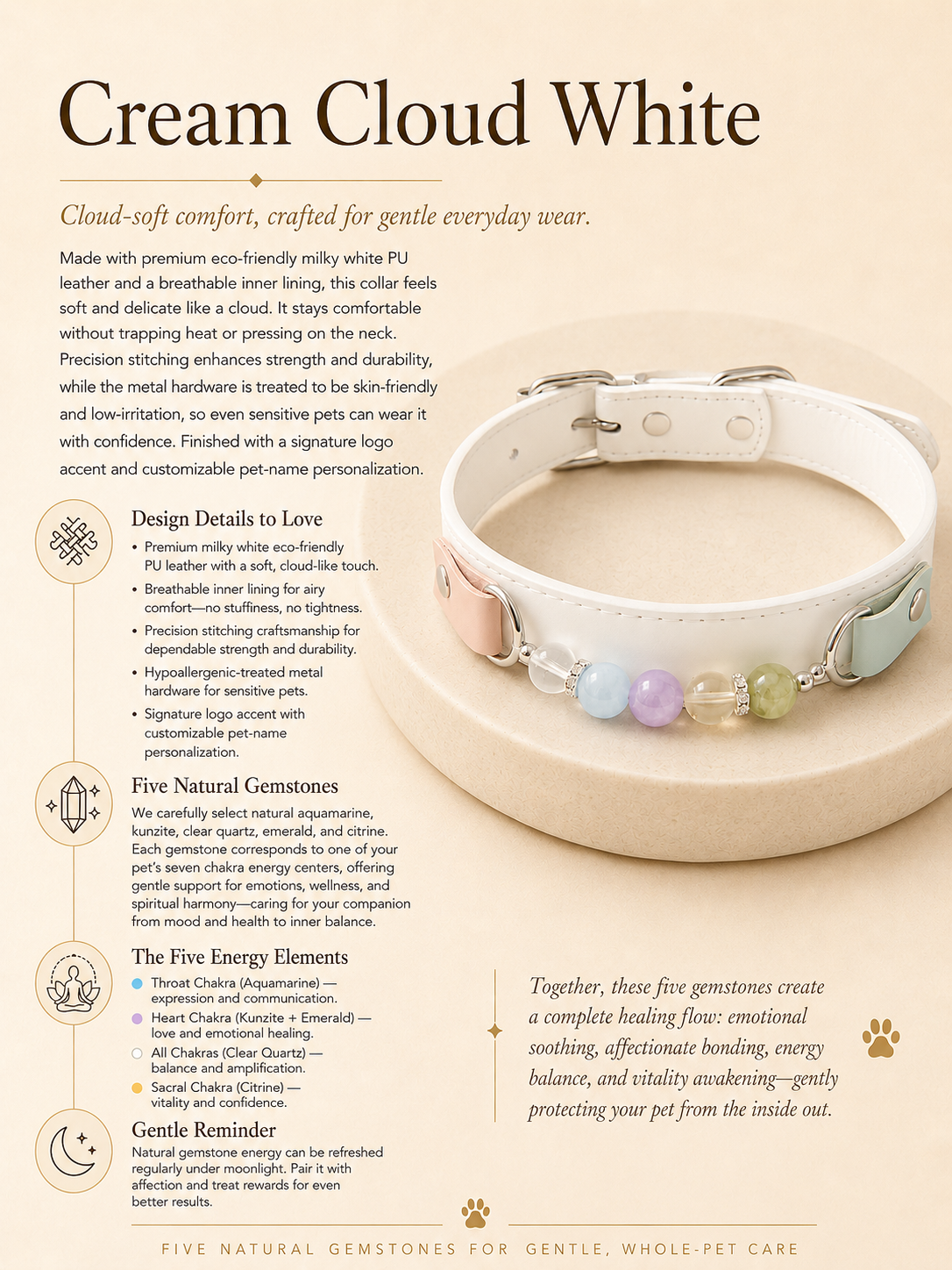 Multi-Gemstone Chakra White Leather Pet Collar